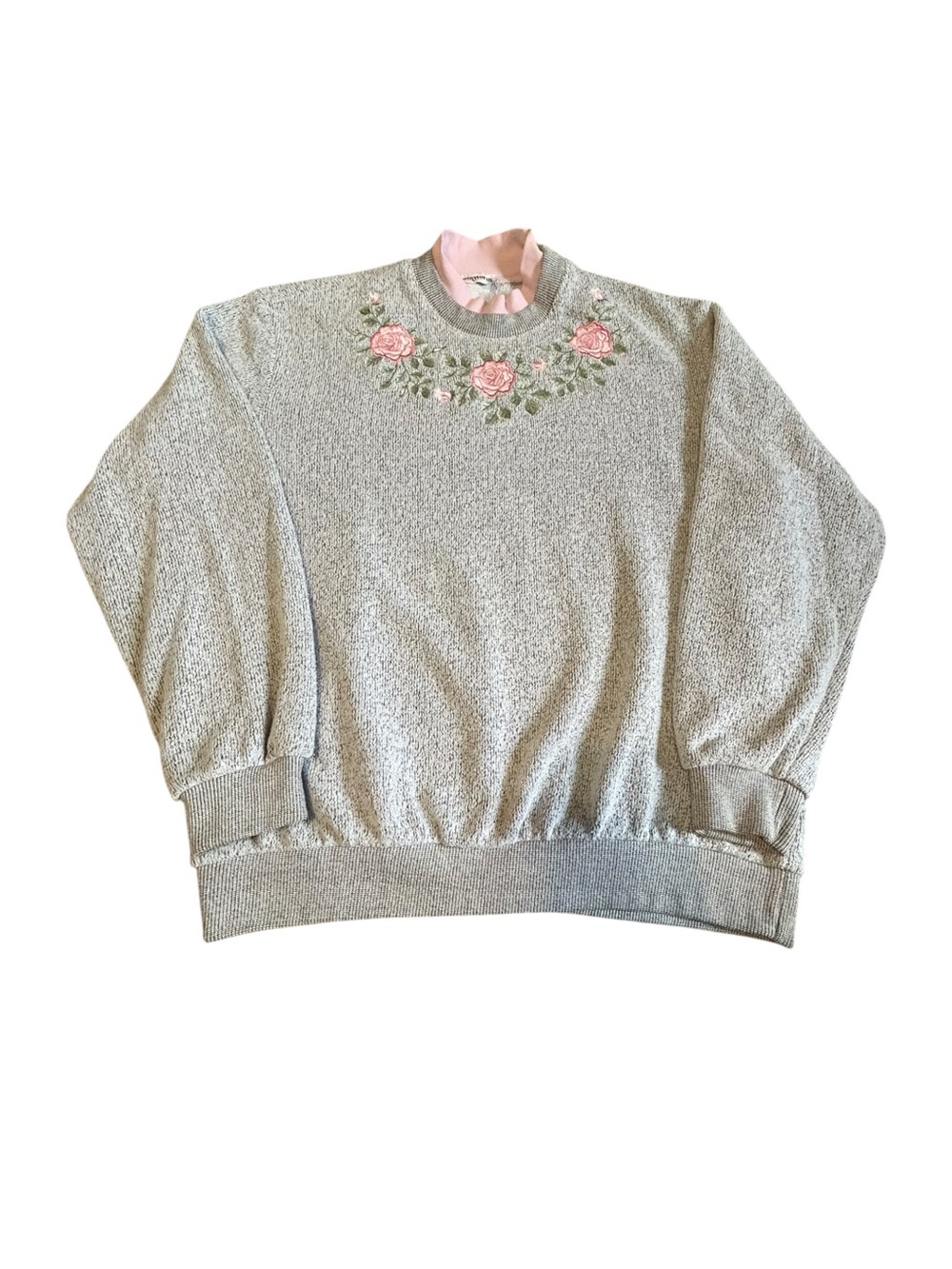 BonWorth Gray Embroidered Rose Mock Neck Sweatshirt Large Oversized